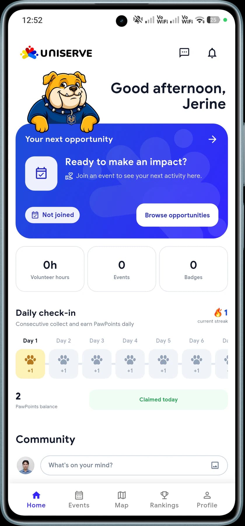 UNISERVE mobile app home screen